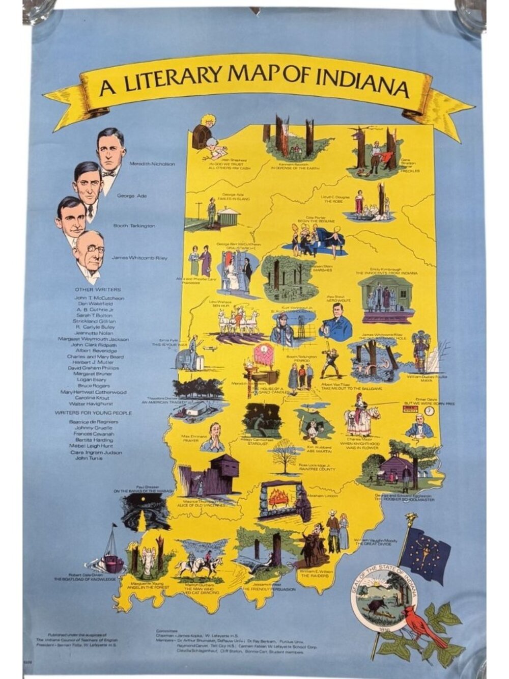 A Literary Map of Indiana 1974 Colorful Poster 28" x 19.25" Size